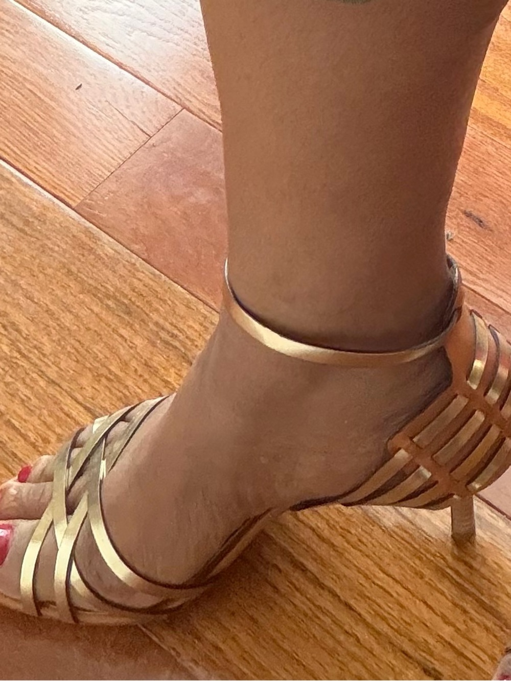 Coach Metallic Gold Strappy Ankle‑Tie Heel
